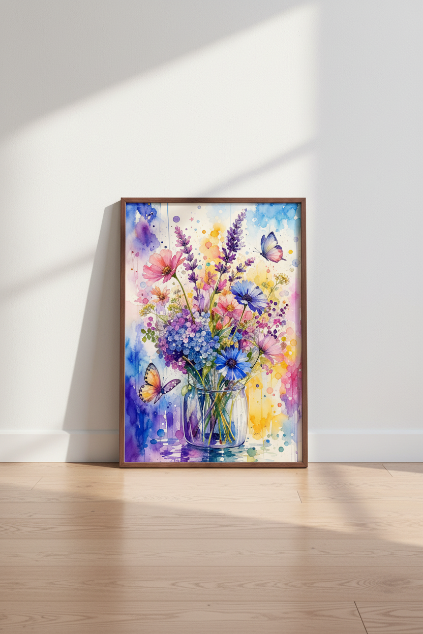 Wildflower Bouquet Watercolor Wall Art | Purple &amp; Blue Floral Print | Cottagecore Decor