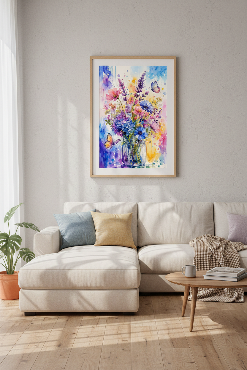 Wildflower Bouquet Watercolor Wall Art | Purple &amp; Blue Floral Print | Cottagecore Decor