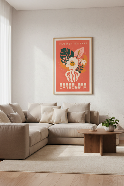 Barcelona Flower Market Art | Retro Floral Print, Boho Living Room Decor