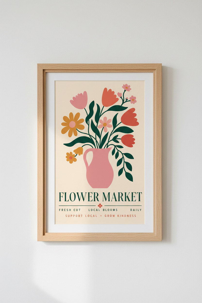Retro Flower Market Poster | Floral Botanical Art Print, Colorful Boho Wall Decor