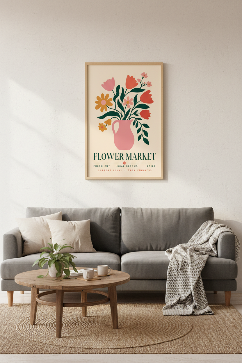 Retro Flower Market Poster | Floral Botanical Art Print, Colorful Boho Wall Decor