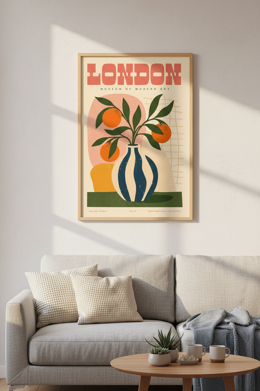 London Exhibition Poster | Mid Century Orange Still Life Print, Kitchen Cafe Decor
