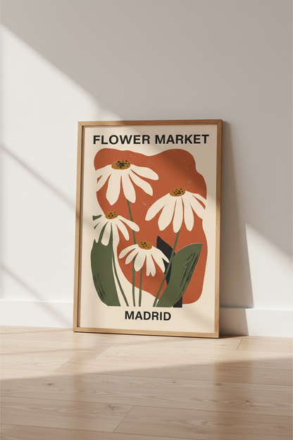 Flower Market Madrid Wall Art Print | Spanish Floral Decor, Terracotta Aesthetic Poster