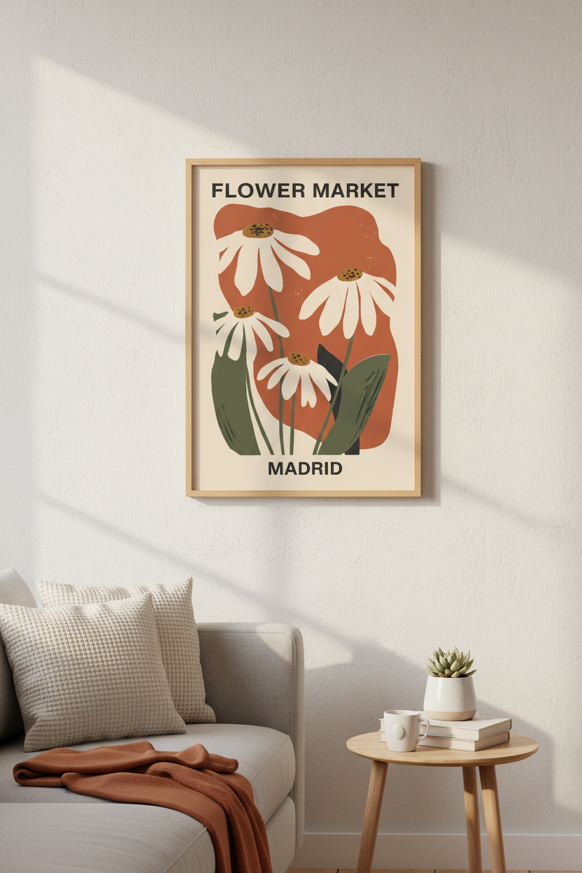 Flower Market Madrid Wall Art Print | Spanish Floral Decor, Terracotta Aesthetic Poster