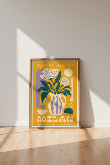 Milan Flower Market Wall Art Print | Mustard Yellow Botanical, Modern Living Room Decor