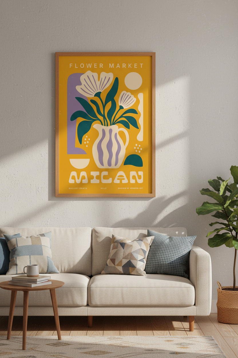 Milan Flower Market Wall Art Print | Mustard Yellow Botanical, Modern Living Room Decor