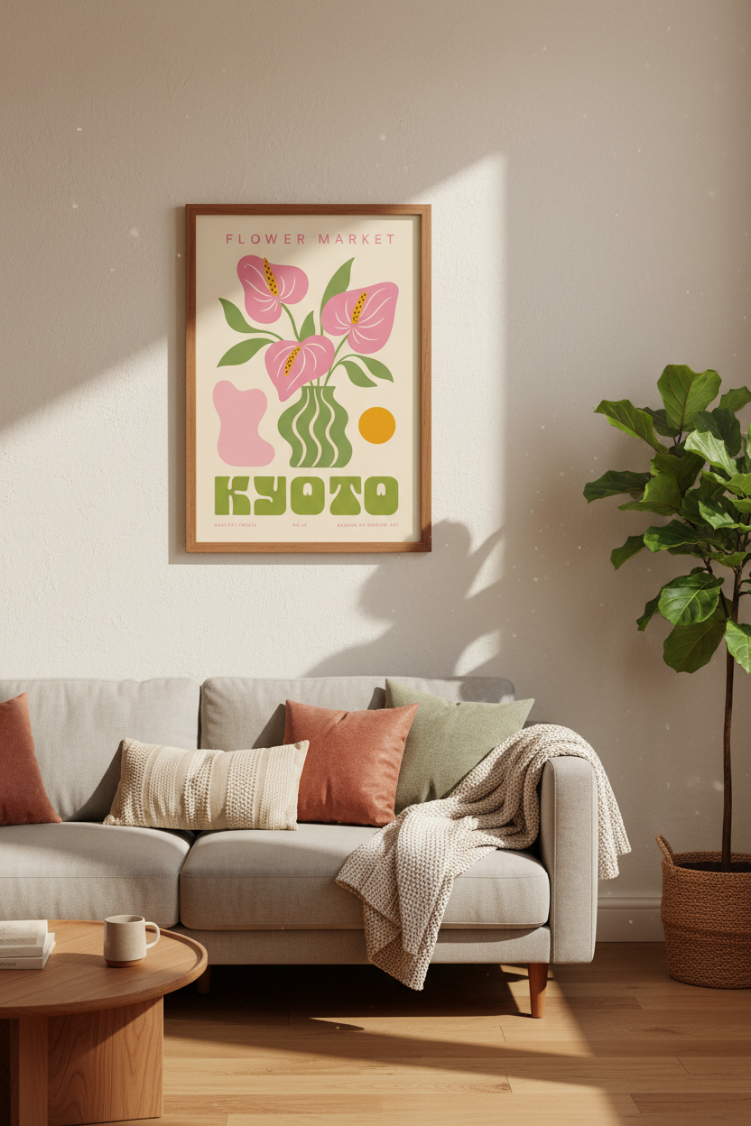 Kyoto Flower Market Print | Pink Floral Modern Art, Retro Aesthetic Wall Decor