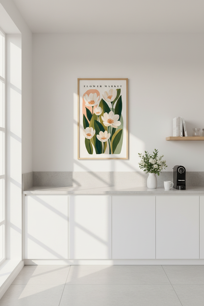 Flower Market Art Print | Botanical Floral Poster, Pastel Boho Living Room Decor