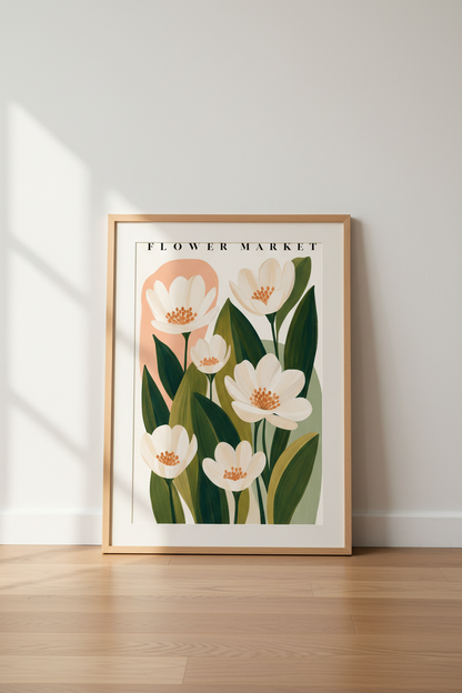Flower Market Art Print | Botanical Floral Poster, Pastel Boho Living Room Decor