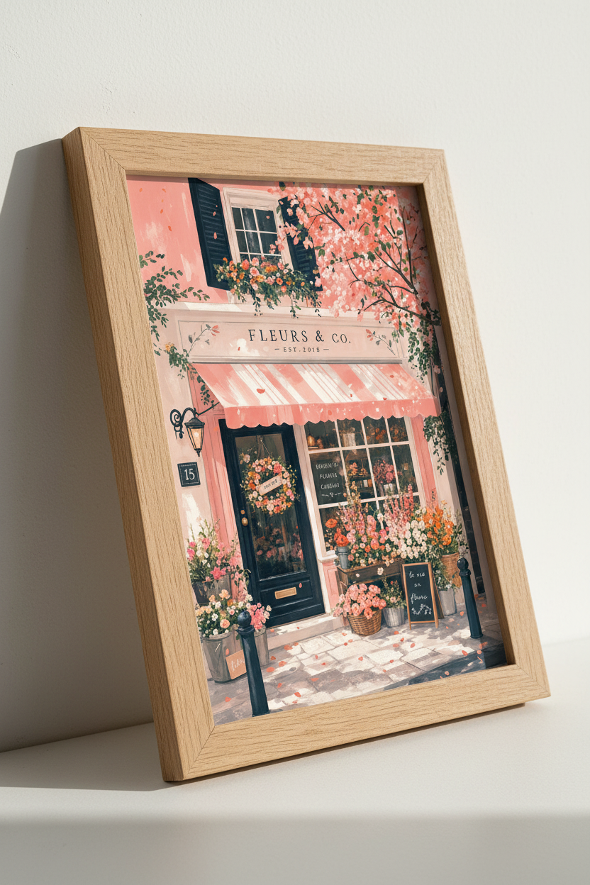 French Flower Shop Art | Pink Parisian Storefront Poster, Pastel Wall Decor
