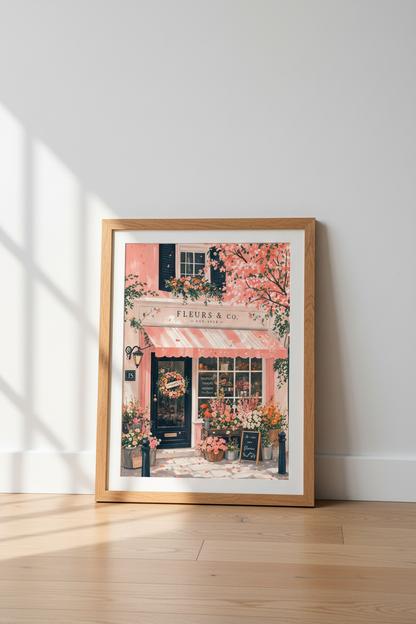 French Flower Shop Art | Pink Parisian Storefront Poster, Pastel Wall Decor