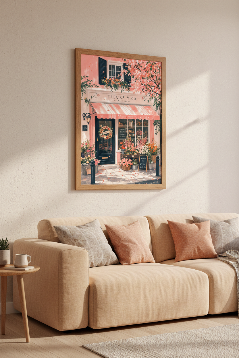 French Flower Shop Art | Pink Parisian Storefront Poster, Pastel Wall Decor