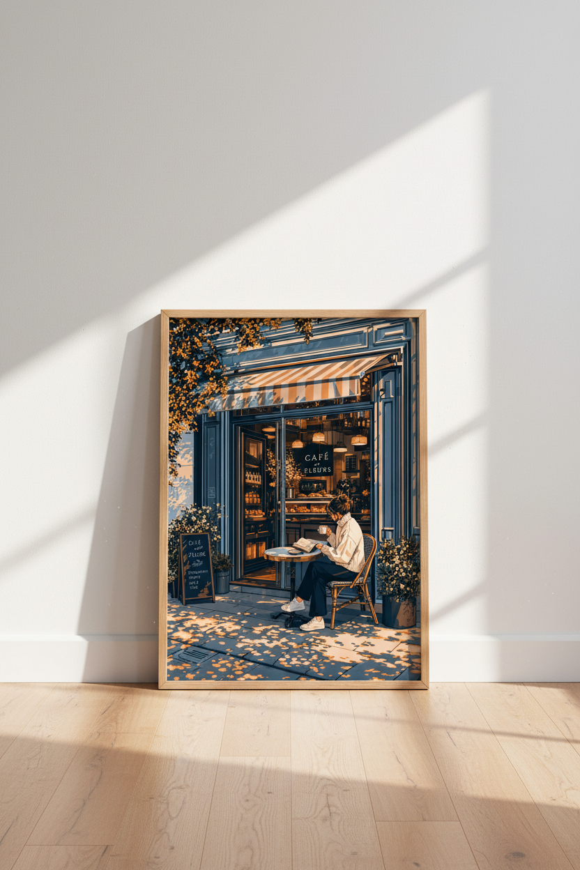 French Cafe Terrace Wall Art | Cozy Parisian Bakery Print | Aesthetic Lofi Poster
