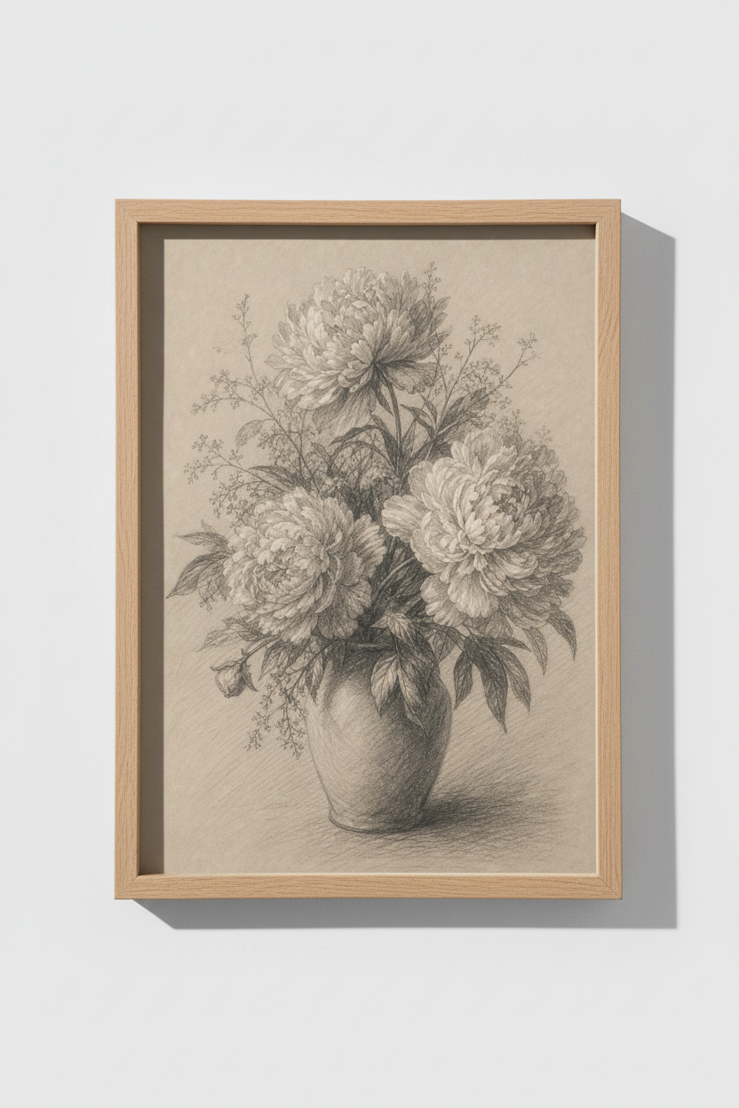 Botanical Wall Art Print | Vintage Pencil Bouquet Living Room Decor | Romantic Poster