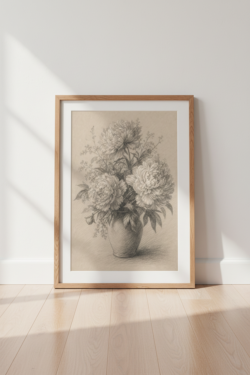 Botanical Wall Art Print | Vintage Pencil Bouquet Living Room Decor | Romantic Poster