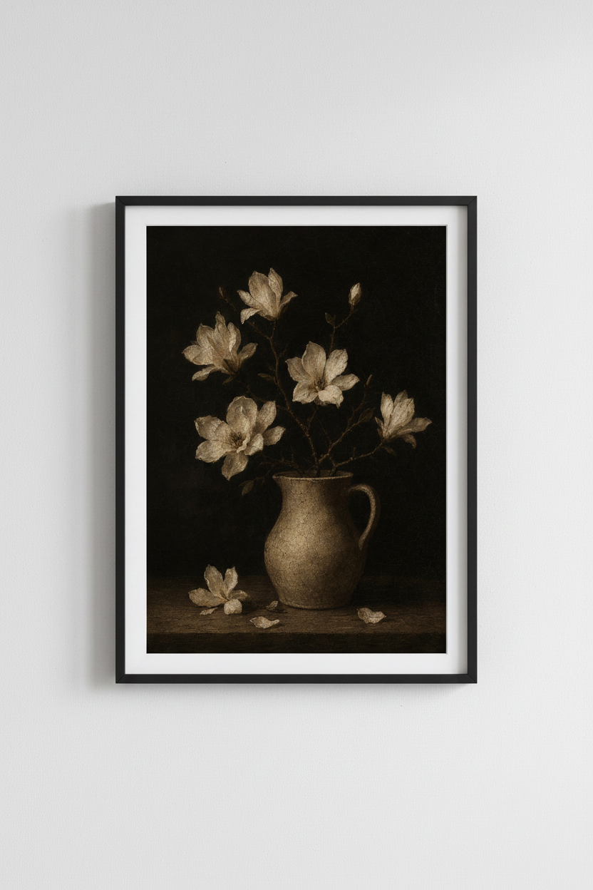 Vintage Magnolia Floral Wall Art | Moody Dark Still Life Poster, Bedroom Decor
