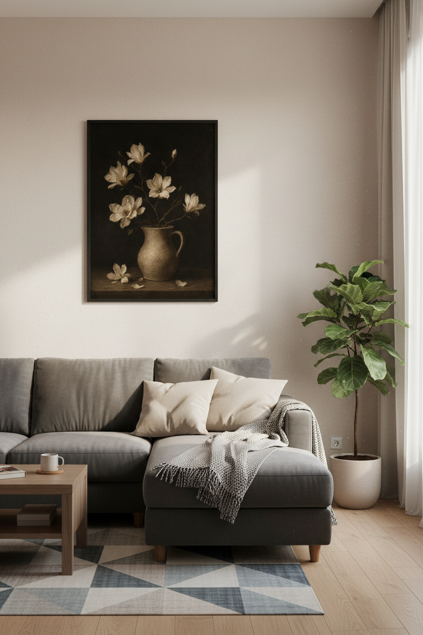 Vintage Magnolia Floral Wall Art | Moody Dark Still Life Poster, Bedroom Decor