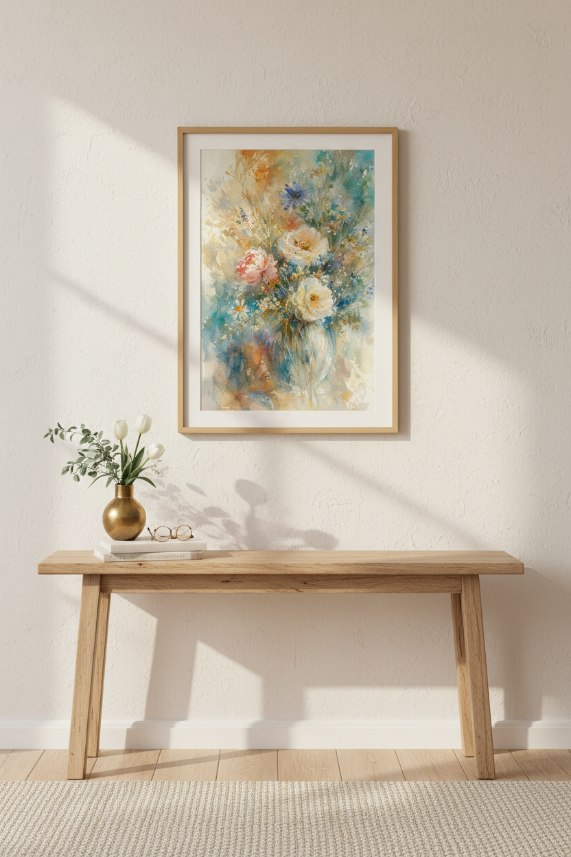 Watercolor Bouquet Wall Art Print | Living Room Decor | Soft Pastel Poster