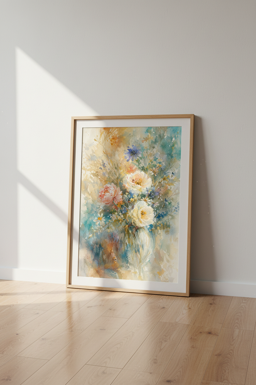 Watercolor Bouquet Wall Art Print | Living Room Decor | Soft Pastel Poster