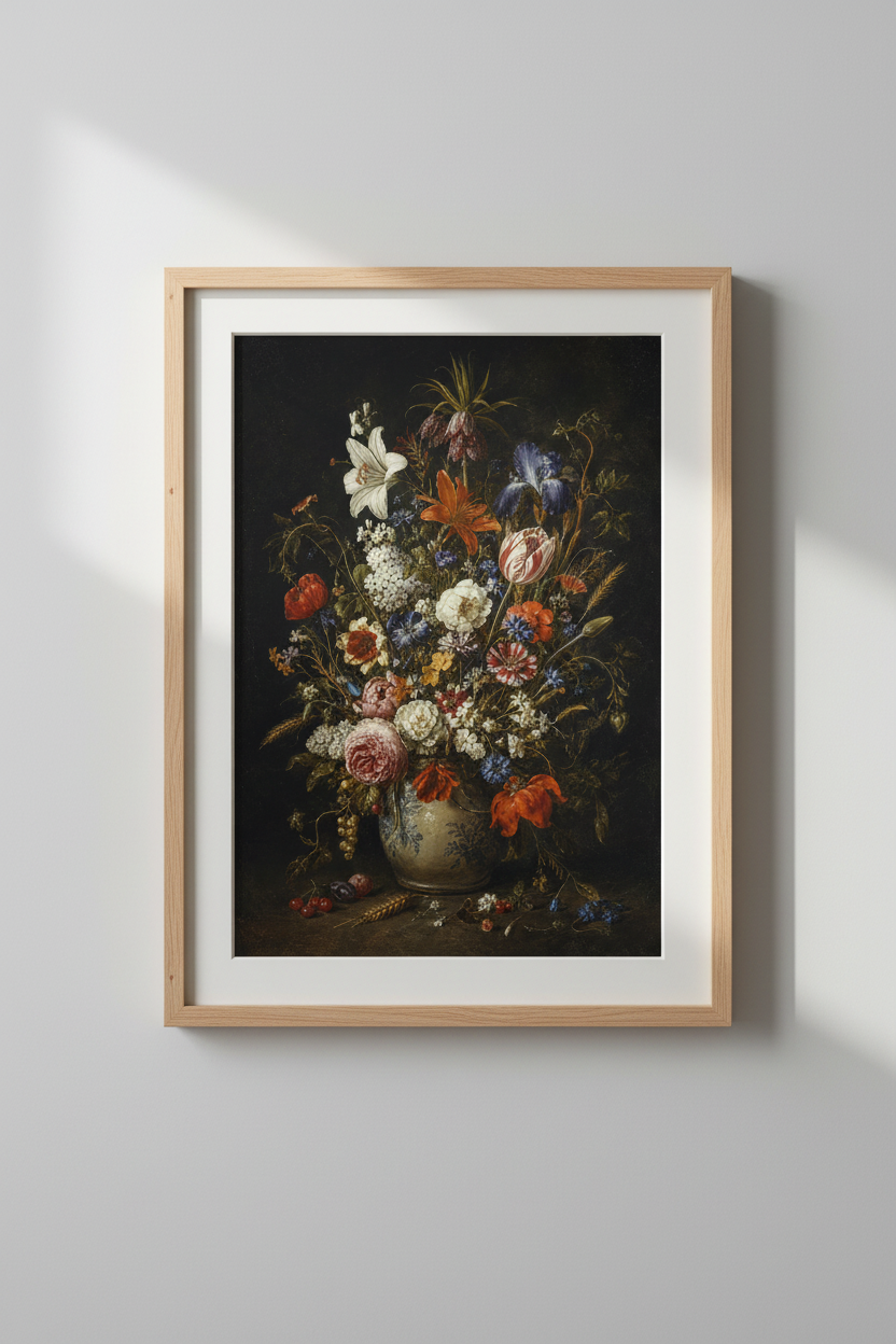 Floral wall art | Classic bouquet, dark tones | Living room decor poster
