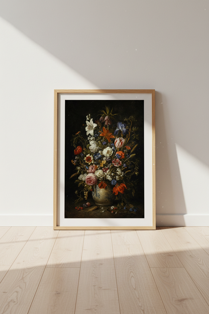 Floral wall art | Classic bouquet, dark tones | Living room decor poster