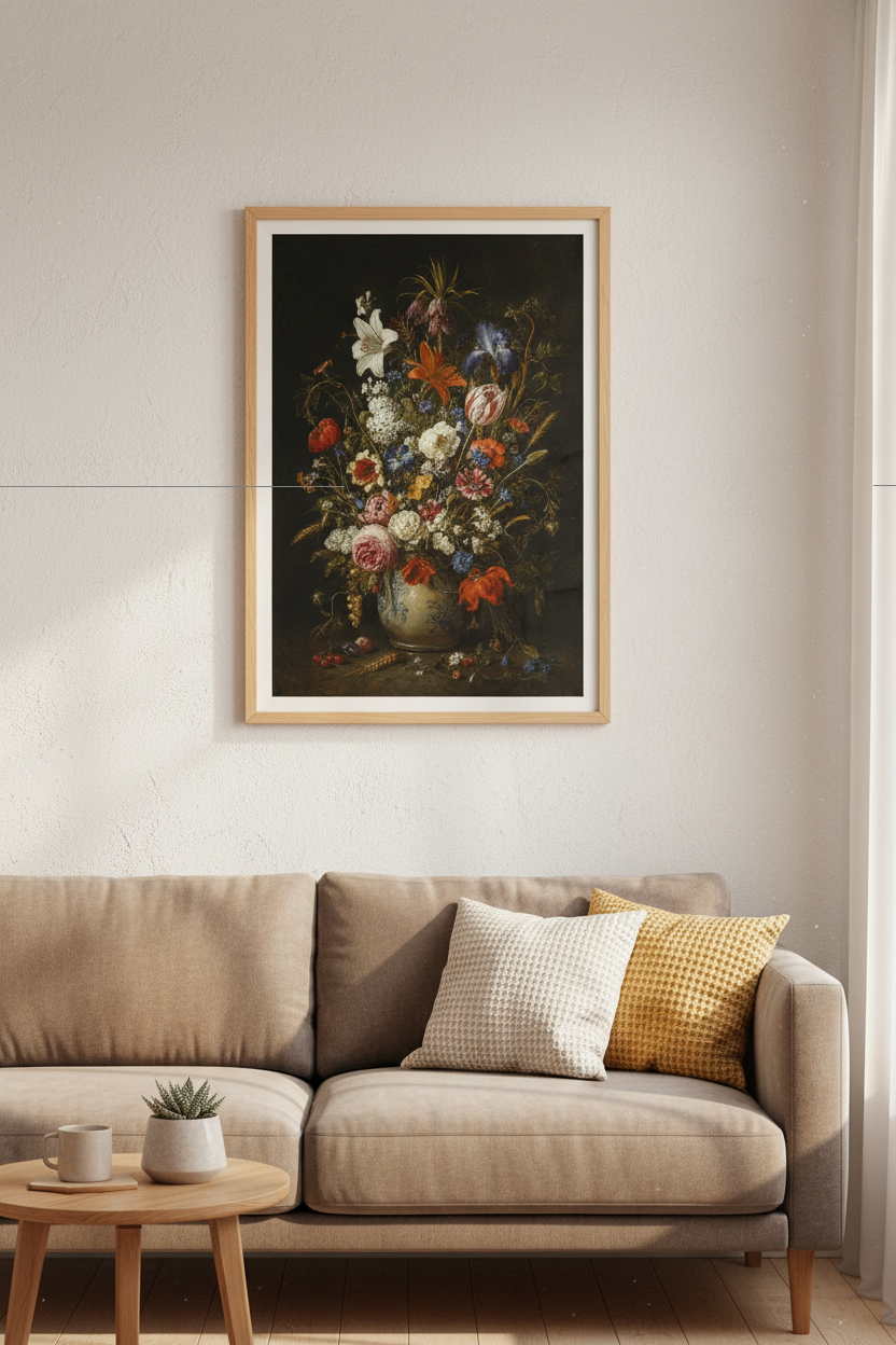 Floral wall art | Classic bouquet, dark tones | Living room decor poster