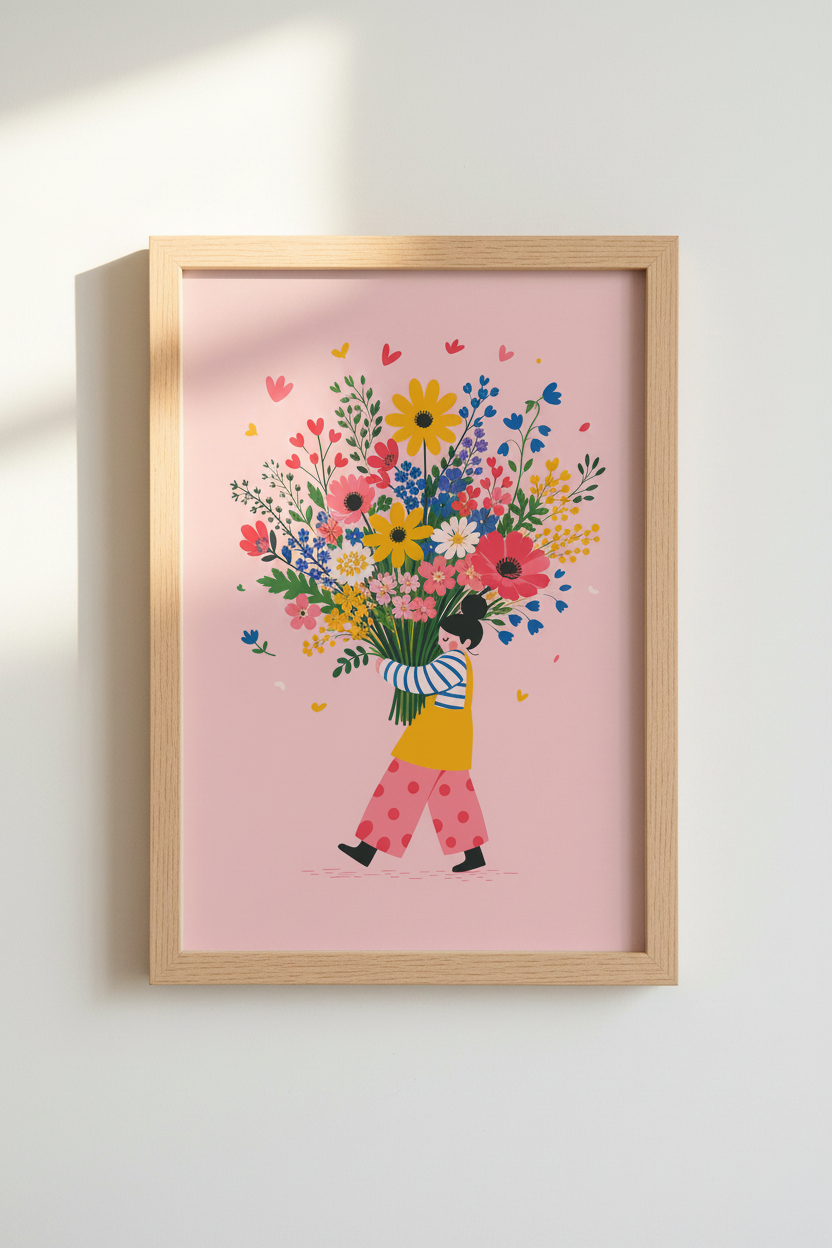 Pastel Floral Art Print | Whimsical Flower Girl Poster | Colorful Nursery Wall Decor