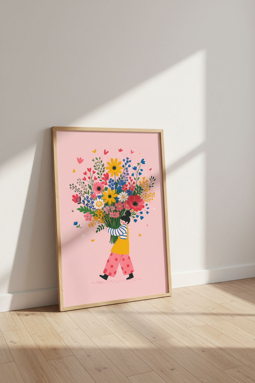 Pastel Floral Art Print | Whimsical Flower Girl Poster | Colorful Nursery Wall Decor