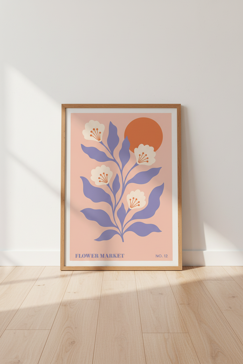 Boho Floral Poster | Peach &amp; Purple Art, Living Room Decor