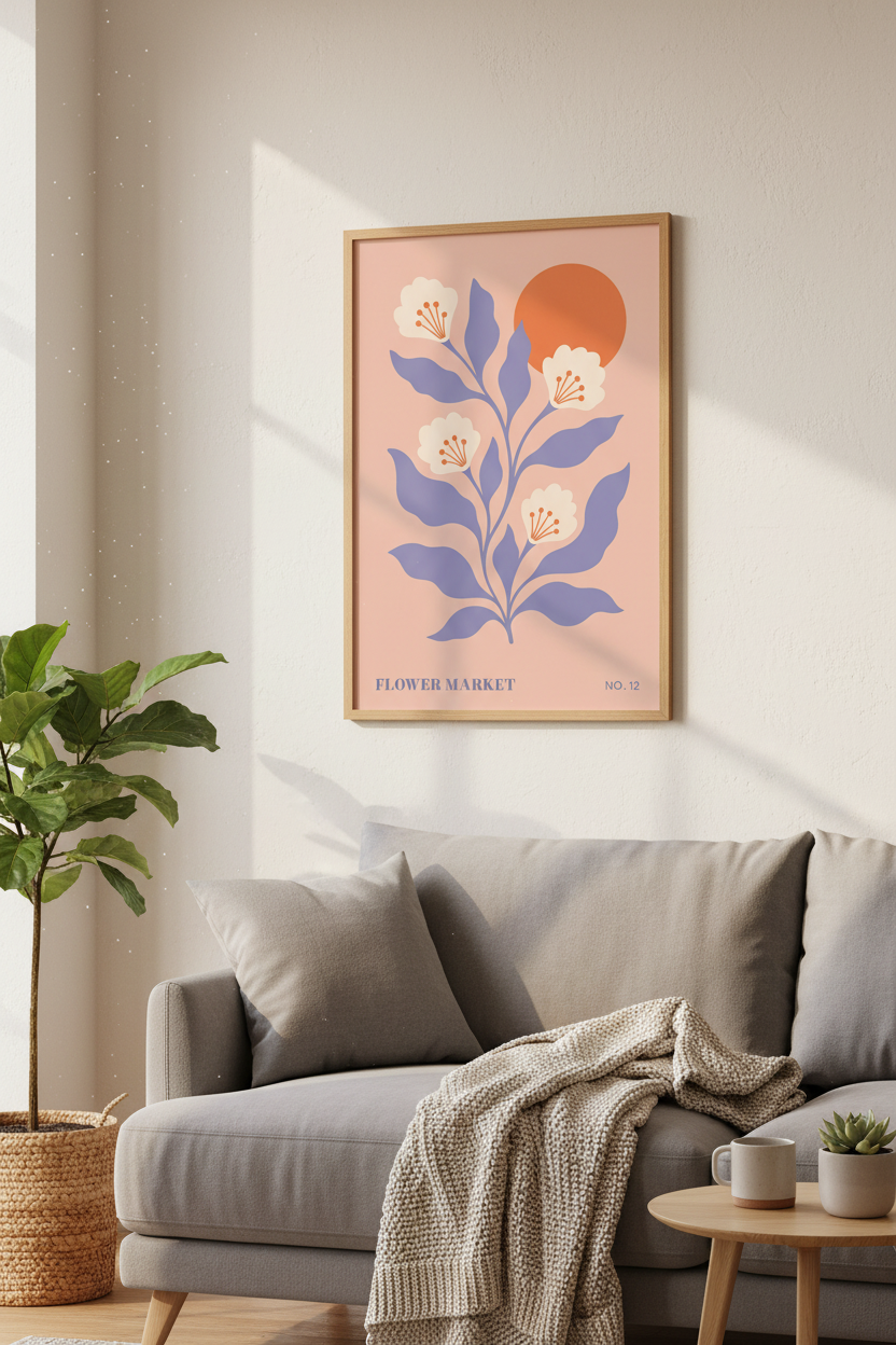 Boho Floral Poster | Peach &amp; Purple Art, Living Room Decor