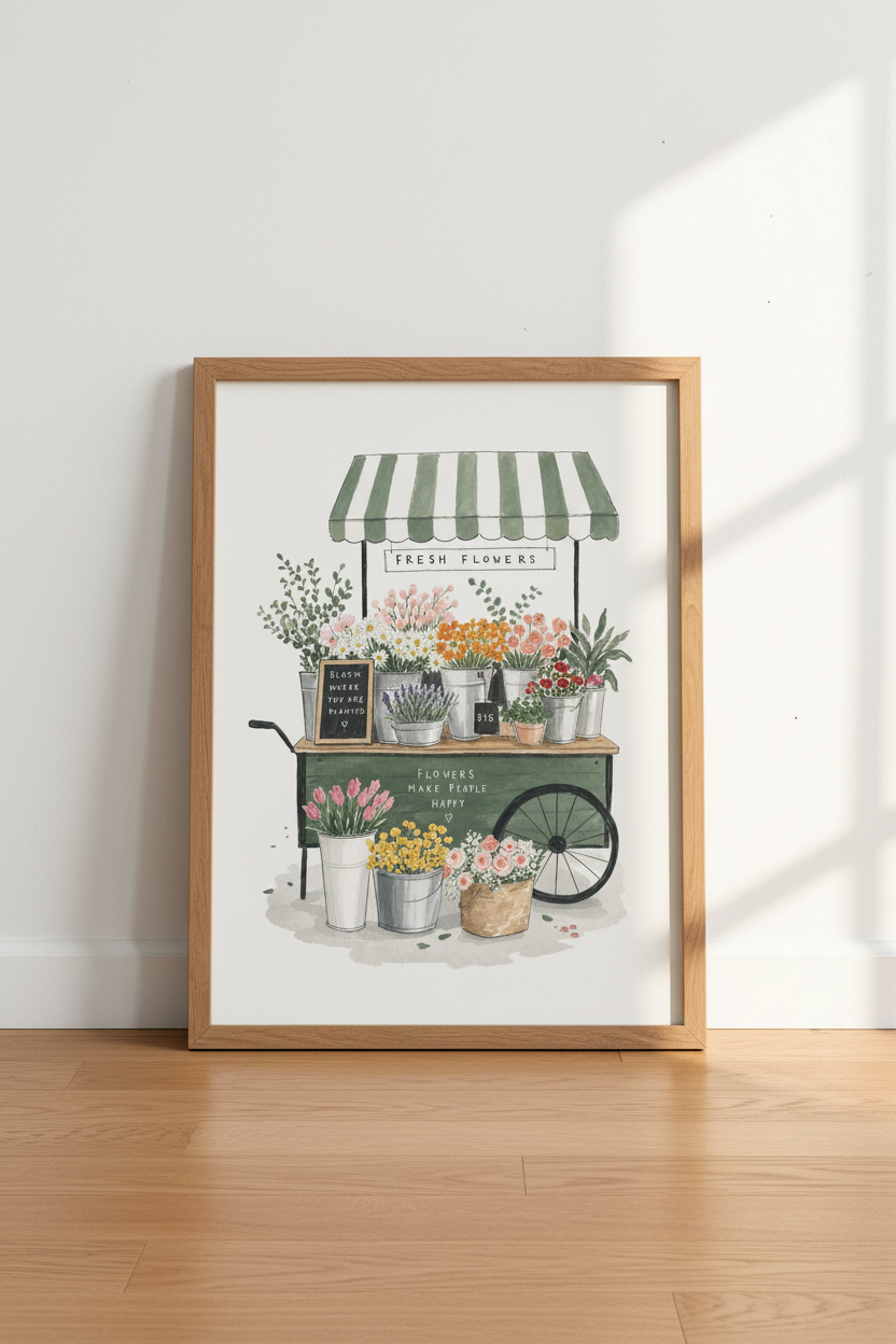 Flower Market Cart | Green Watercolor Floral, Cottagecore Nursery Decor