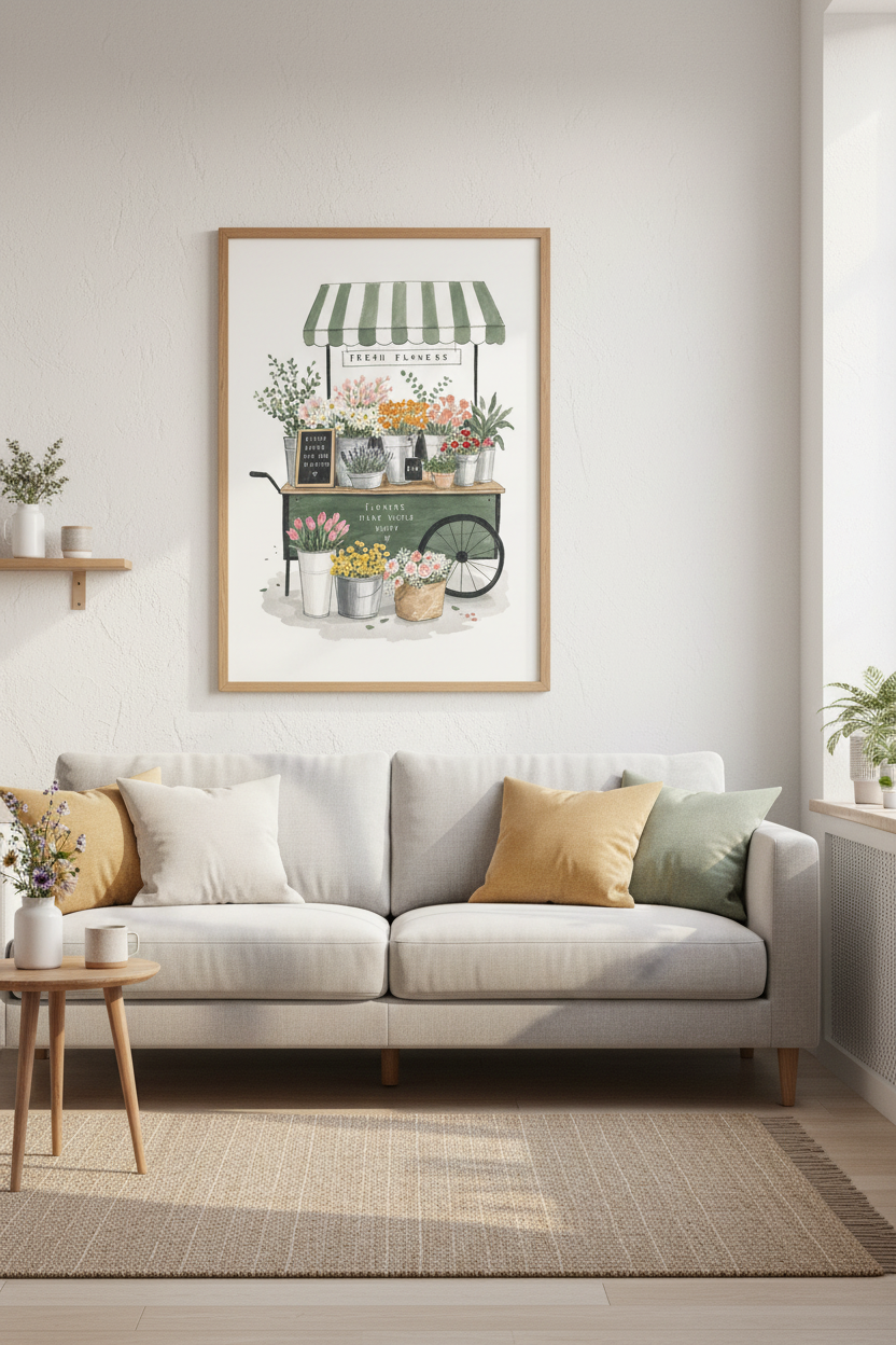 Flower Market Cart | Green Watercolor Floral, Cottagecore Nursery Decor