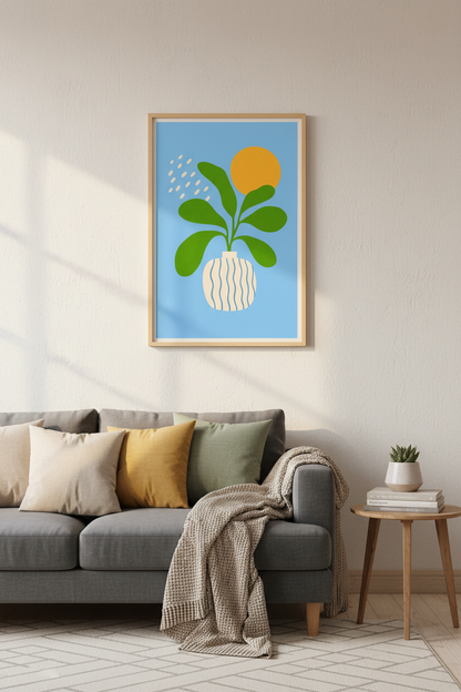 Abstract Botanical Plant Wall Art | Modern Blue &amp; Green Poster, Living Room Decor