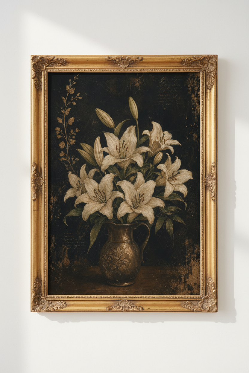 Botanical Poster | Vintage Lily Bouquet, Cream Tones | Living Room Decor