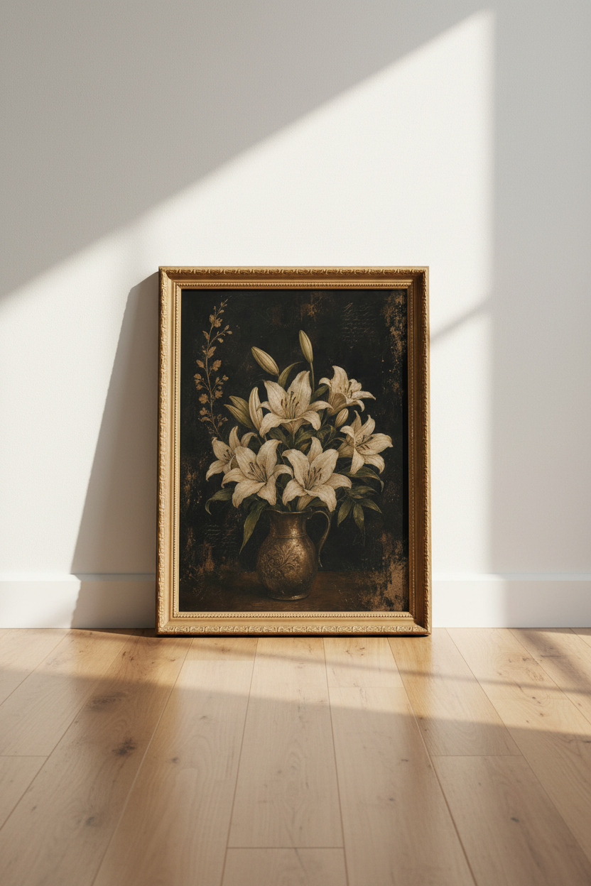 Botanical Poster | Vintage Lily Bouquet, Cream Tones | Living Room Decor