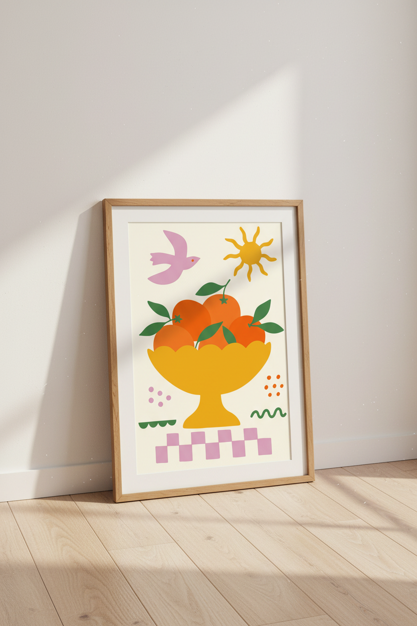 Modern Orange Fruit Bowl Wall Art | Kitchen Decor | Colorful Abstract Poster