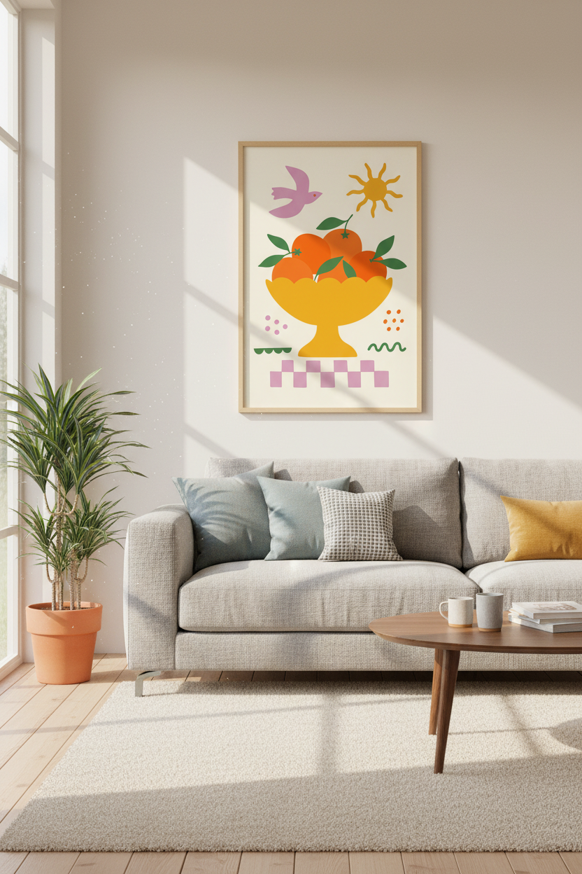 Modern Orange Fruit Bowl Wall Art | Kitchen Decor | Colorful Abstract Poster