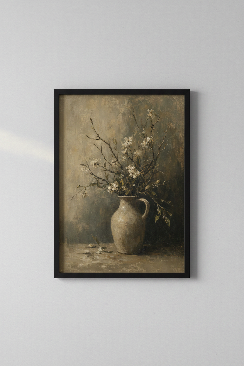 Moody Floral Still Life | Vintage Oil Painting, Rustic Farmhouse Home Decor