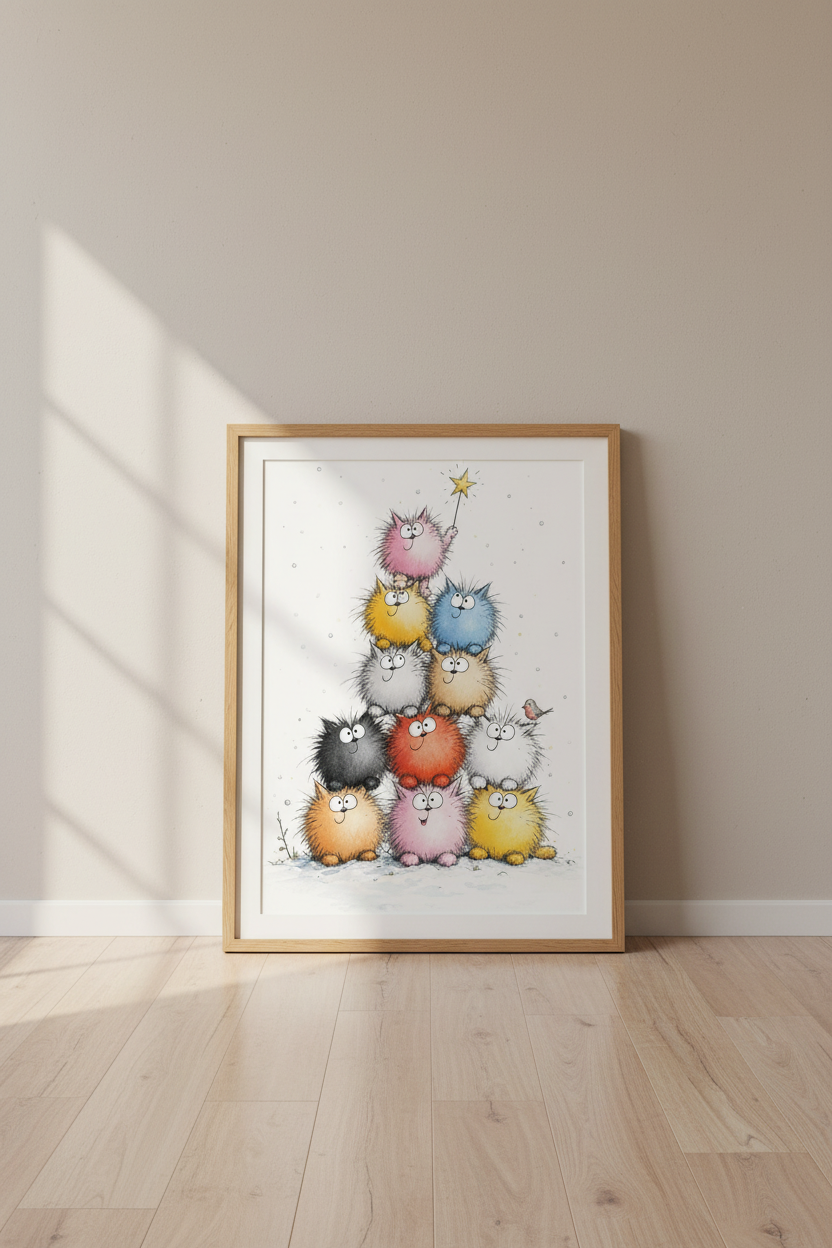 Cat Christmas Tree Wall Art | Whimsical Feline Holiday Poster | Colorful Nursery Decor