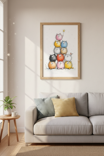 Cat Christmas Tree Wall Art | Whimsical Feline Holiday Poster | Colorful Nursery Decor