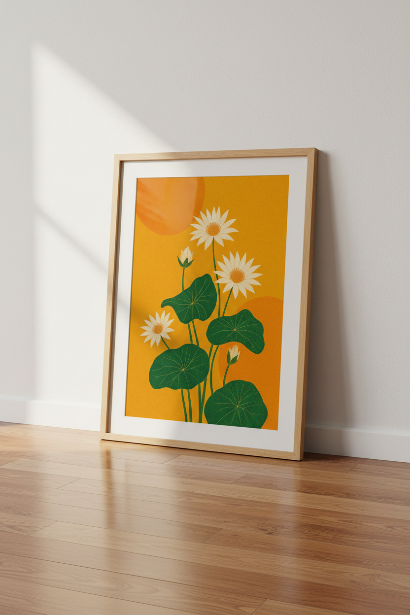 Lotus Flower Botanical Art | Mid Century Japanese Style Print, Living Room Decor