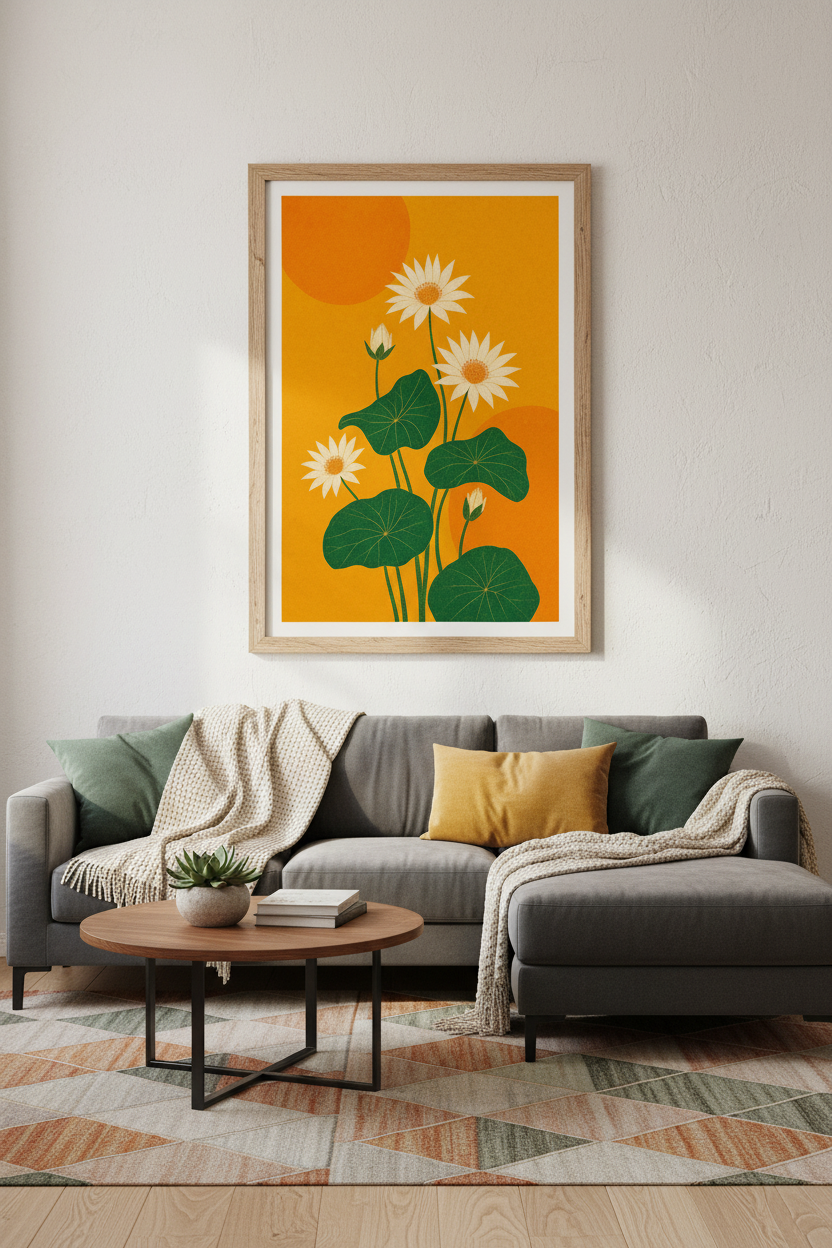 Lotus Flower Botanical Art | Mid Century Japanese Style Print, Living Room Decor