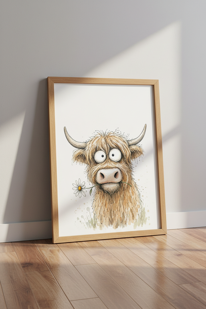 Highland Cow Watercolor Art | Funny Animal Poster, Farmhouse Nursery Decor