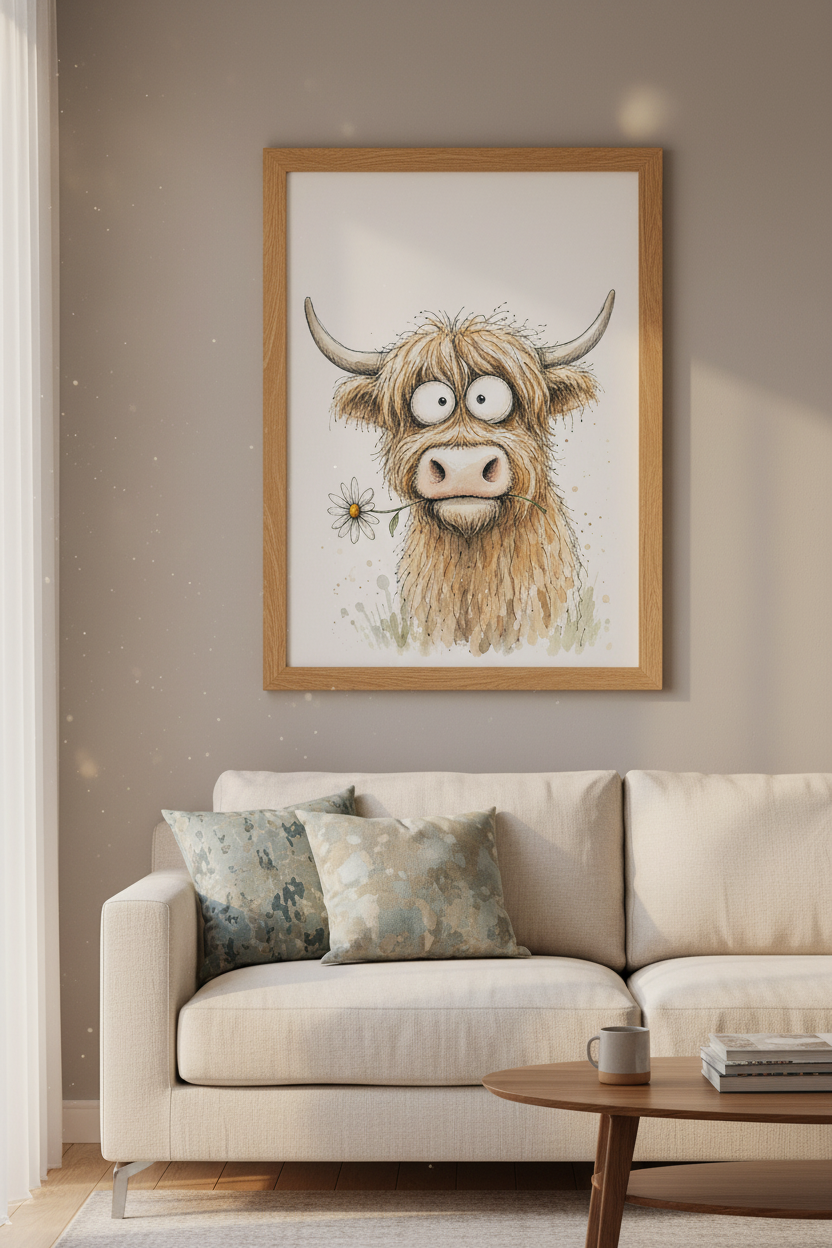 Highland Cow Watercolor Art | Funny Animal Poster, Farmhouse Nursery Decor