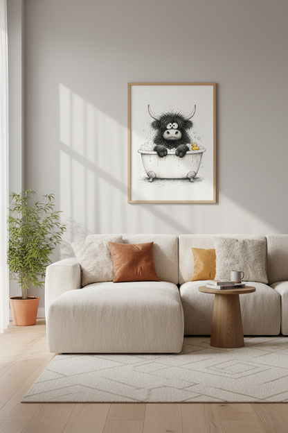 Highland Cow Bathtub Wall Art | Funny Animal Bathroom Decor | Whimsical Sketch Print