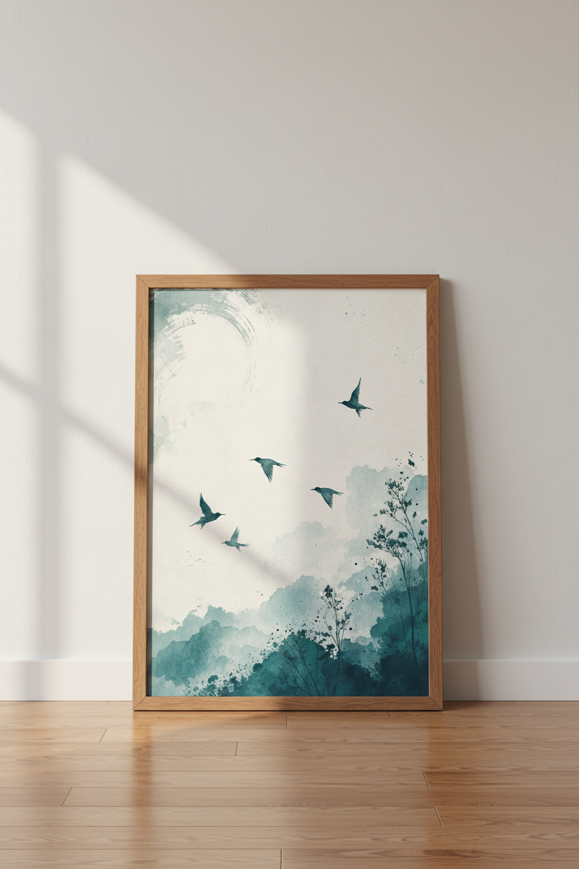 Flying Birds Watercolor Print | Teal Nature Wall Art, Zen Living Room Decor