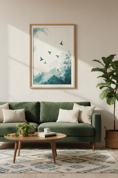 Flying Birds Watercolor Print | Teal Nature Wall Art, Zen Living Room Decor