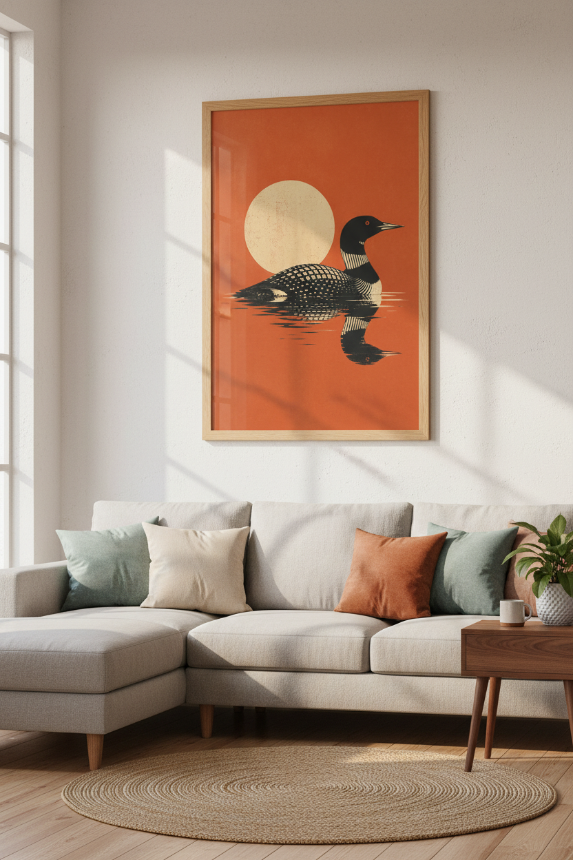 Loon Bird Wall Art | Mid Century Modern Minimalist Poster, Lake House Decor
