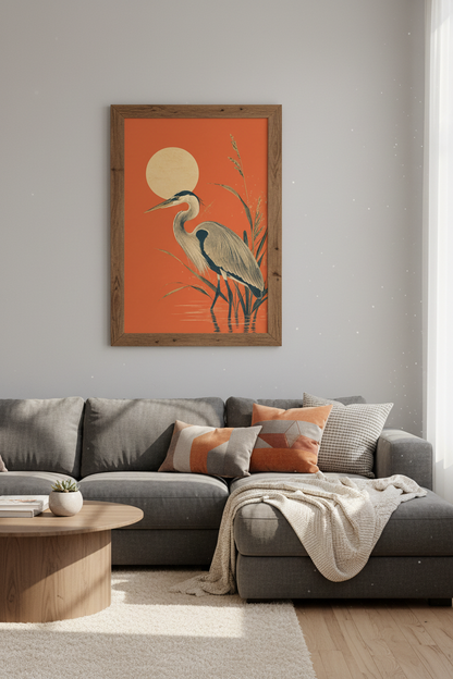 Great Blue Heron | Japanese Style Burnt Orange Art, Living Room Decor