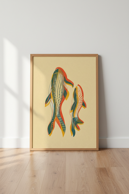 Abstract Koi Fish Wall Art | Modern Japanese Poster, Teal &amp; Orange Living Room Decor
